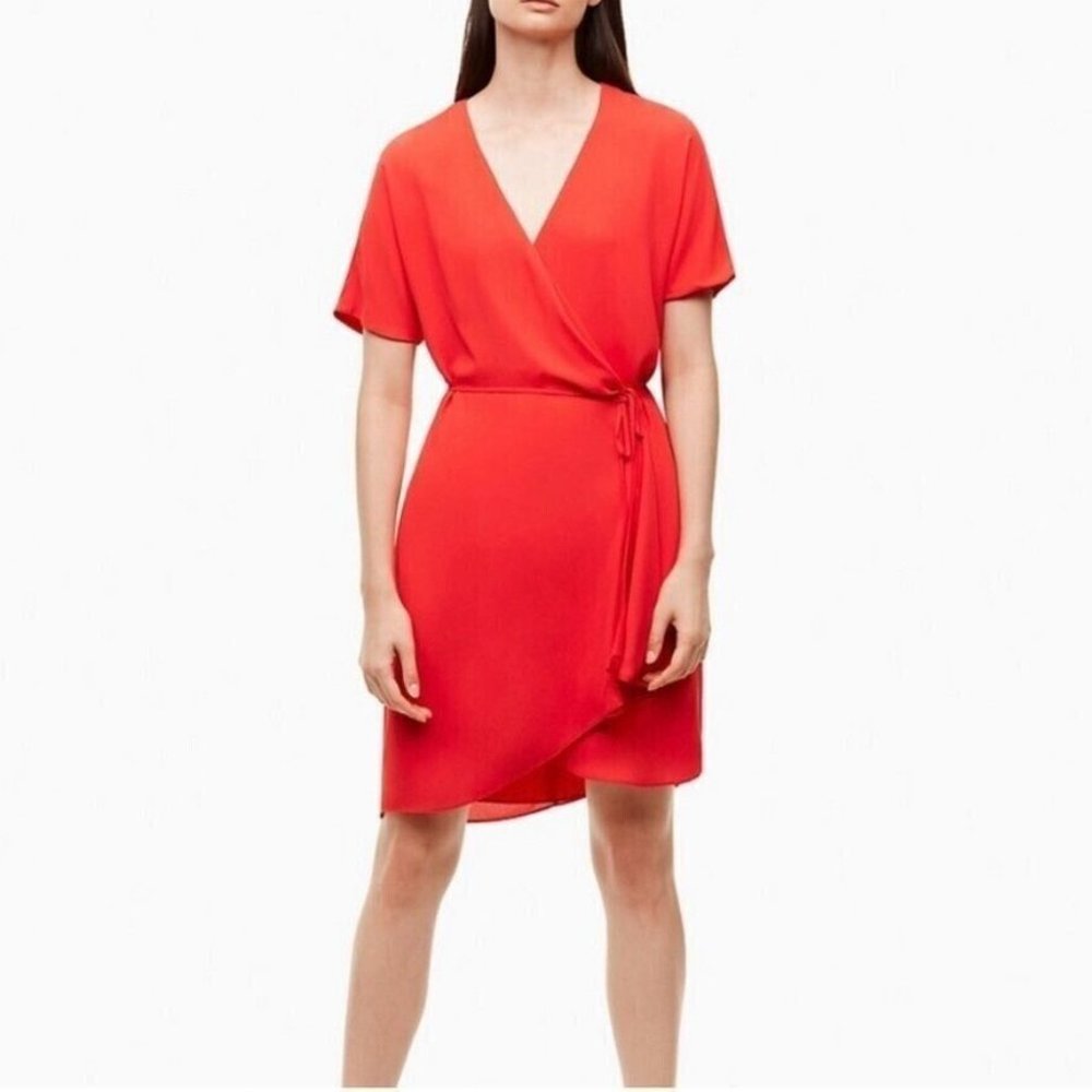 Aritzia Babaton Red Orange Wallace Short Sleeve Mini Wrap Dress Medium